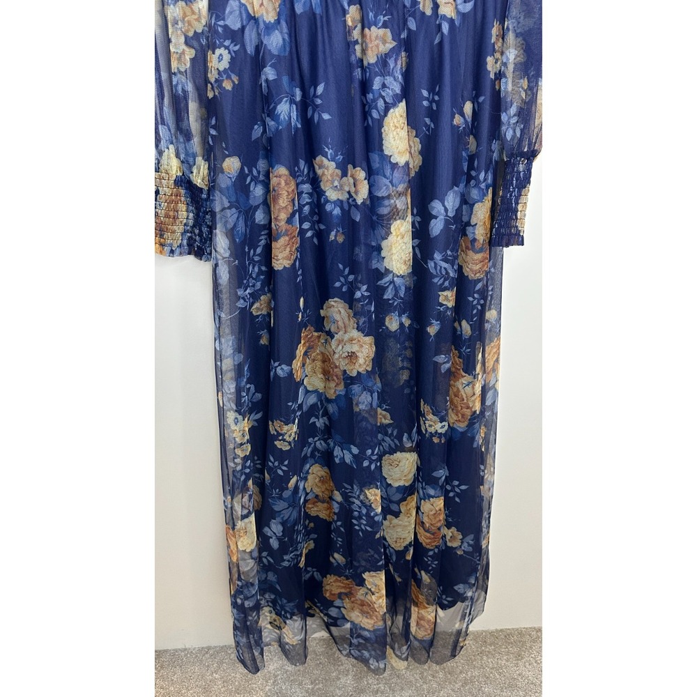 NEW Baltic Born Layla Tulle Maxi Dress Blue Golden Floral V-Neck Smocked Large - Picture 6 of 16